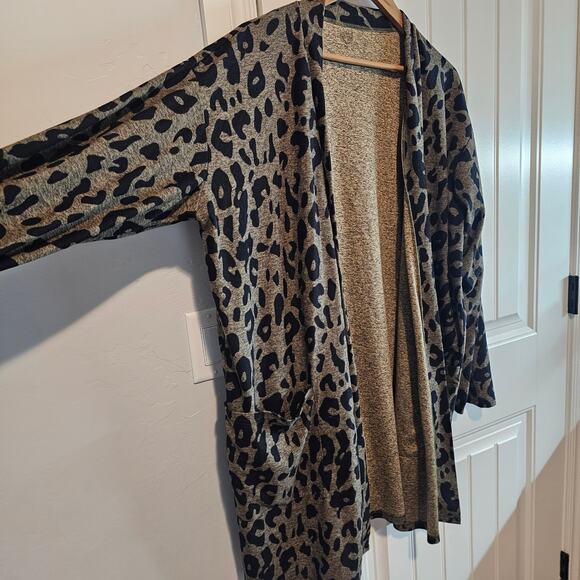 Leopard Print Open Cardigan Womens Size 1X Brown Long Classic Glam Relaxed - Picture 3 of 8